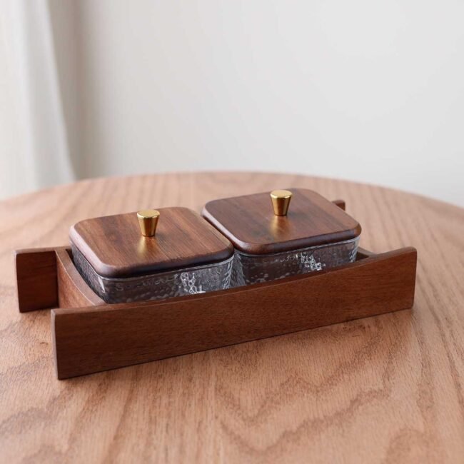 Double wooden hostess with two square glass plates and lids