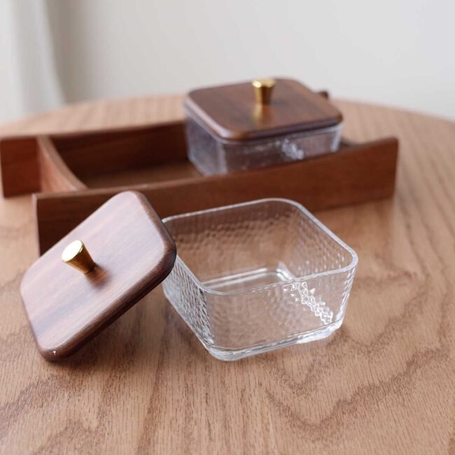 Double wooden hostess with two square glass plates and lids - Image 3