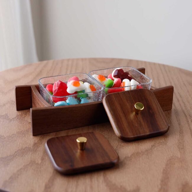Double wooden hostess with two square glass plates and lids - Image 4