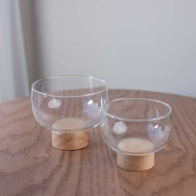 Small glass hostesses with wooden base