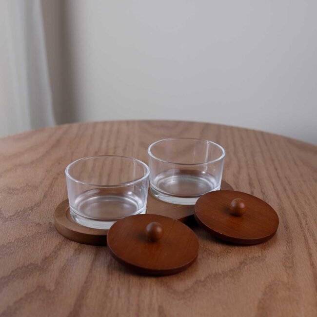Double wooden hostess with two round glass plates and lids - Image 2