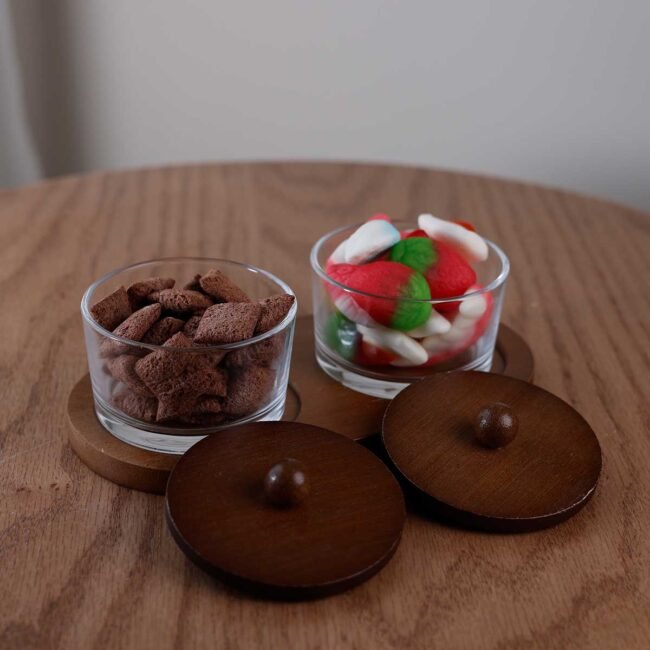 Double wooden hostess with two round glass plates and lids - Image 3