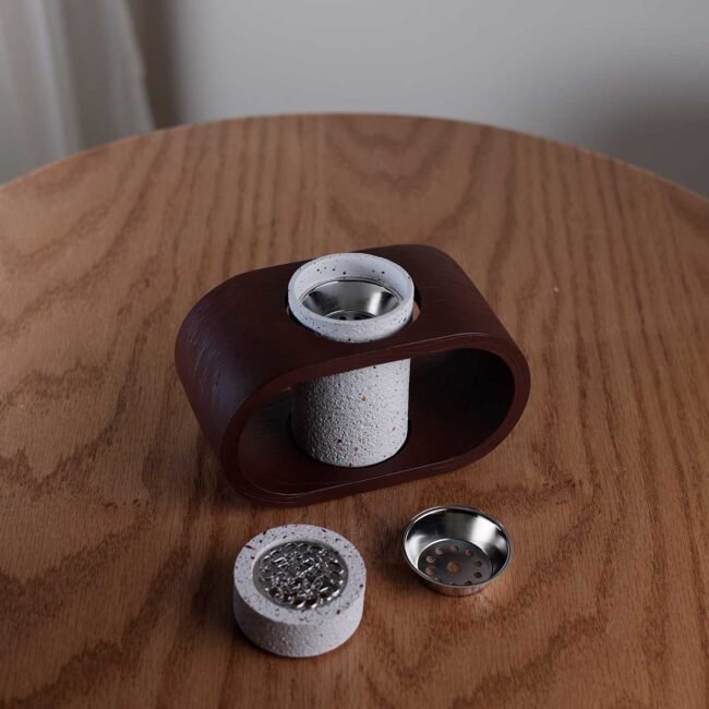 White Cylinder Ceramic Incense Burner with Brown Wooden Holder Base - Image 2