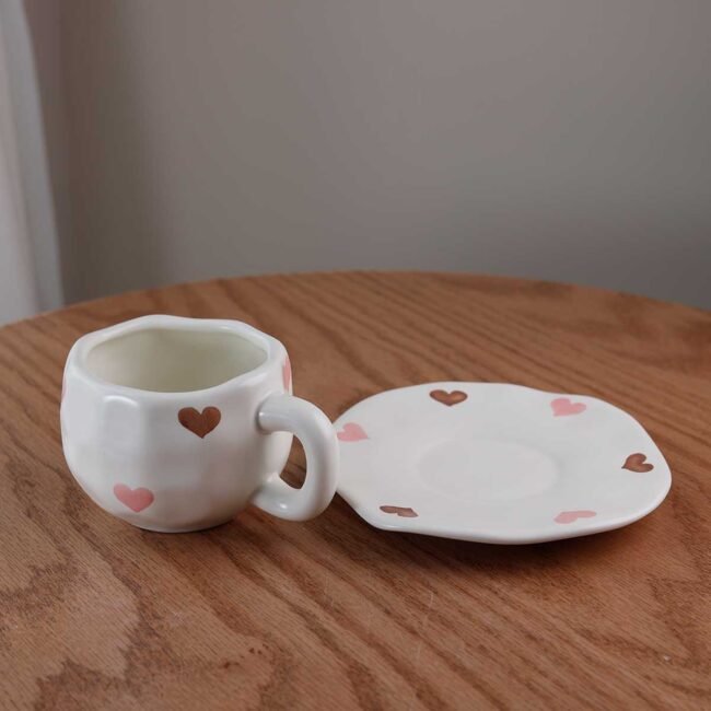 Handmade Brown and Pink Love Hearts Cup and Saucer - Image 2
