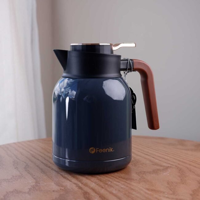 Navy Blue Thermos with  wooden handle