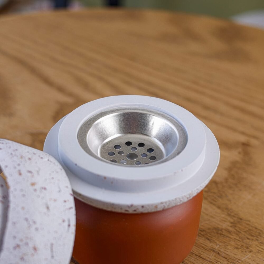 White Textured Rounded Ceramic Incense Burner with a Brown Wooden Base - Image 2