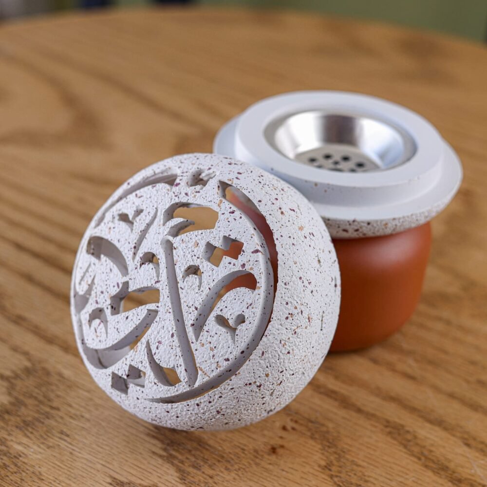 White Textured Rounded Ceramic Incense Burner with a Brown Wooden Base - Image 3