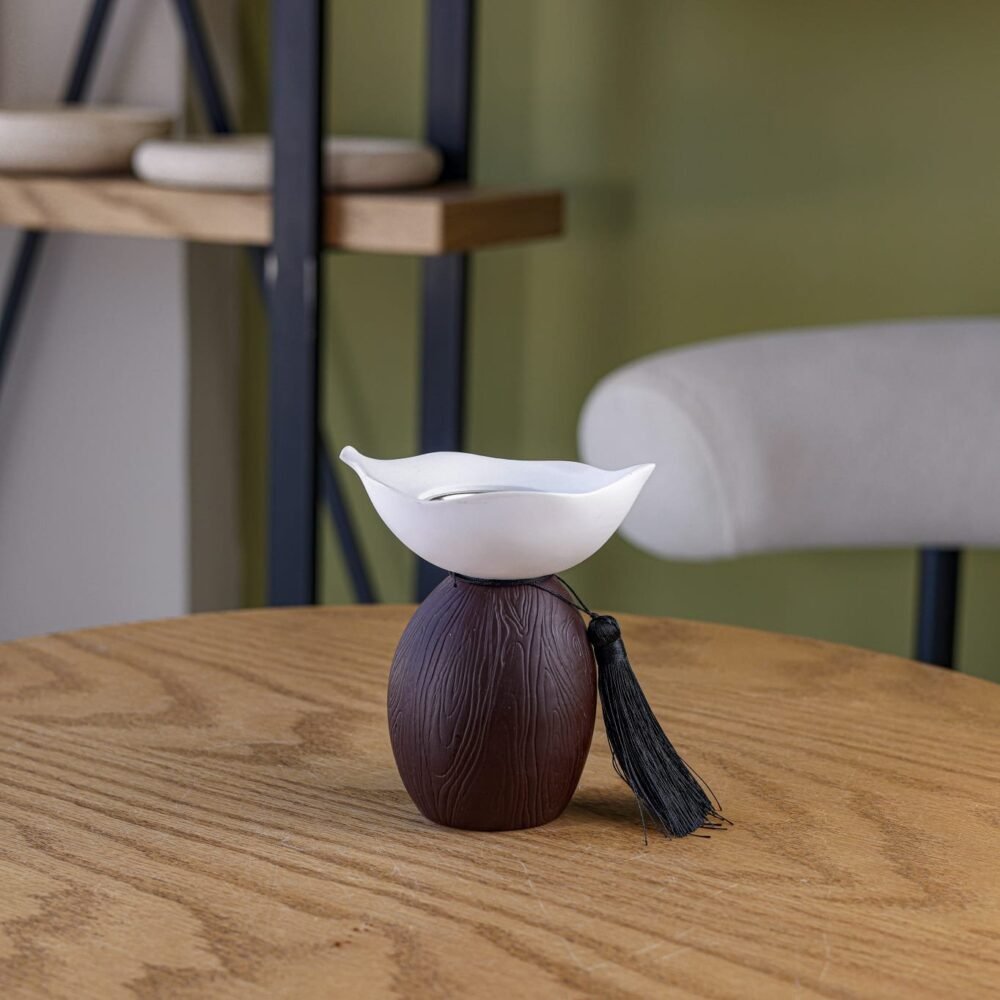 White Leaf Ceramic Incense Burner with a Brown Wooden Base - Image 1