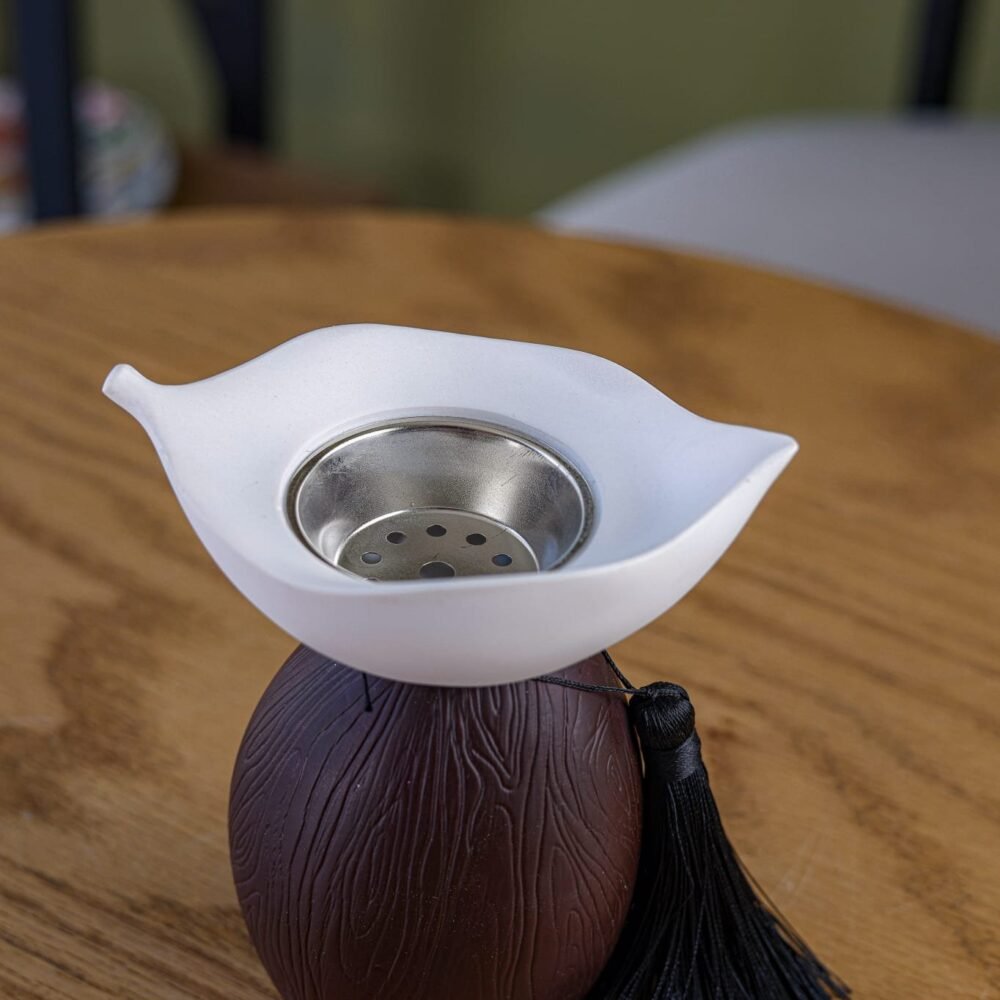 White Leaf Ceramic Incense Burner with a Brown Wooden Base - Image 2