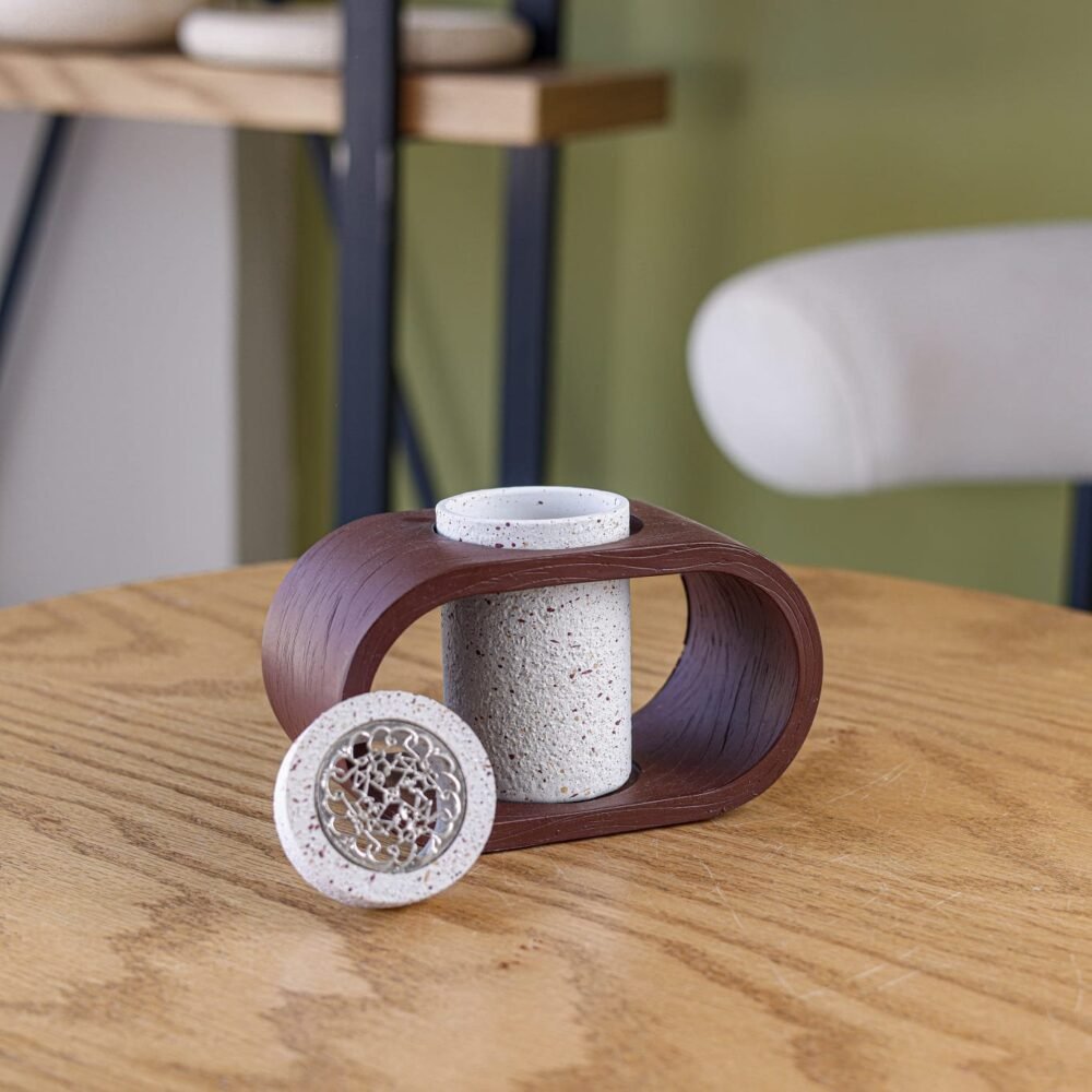 White Cylinder Ceramic Incense Burner with Brown Wooden Holder Base - Image 3