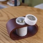 White Cylinder Ceramic Incense Burner with Brown Wooden Holder Base - Image 2