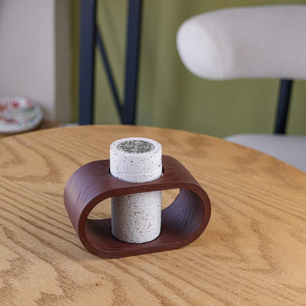 White Cylinder Ceramic Incense Burner with Brown Wooden Holder Base - Image 1