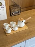 Porcelain Tea Set with Teapot, 4 Cups, and Wooden Tray