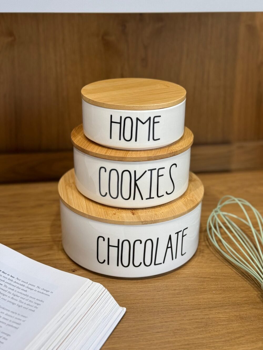 3-Piece Round Porcelain Storage Jars with Wooden Lids - Image 1