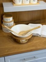 Porcelain Serving Bowl with Wooden Base and Utensils