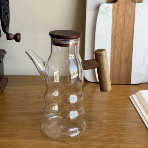 700ml Rippled Glass Oil Dispenser with Wooden Handle