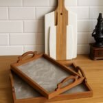 Wooden Tray Set with Gray Marble-Style Base – 2 Pieces