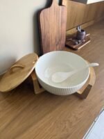 Ceramic Bowl with Lid, Wooden Base, and Spoon - Image 3