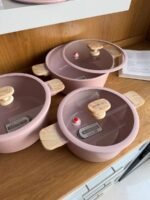 ⁦طقم طناجر جرانيت مع أغطية زجاج ومقابض خشبية⁩ - الصورة ⁦2⁩