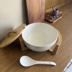 Ceramic Bowl with Lid, Wooden Base, and Spoon