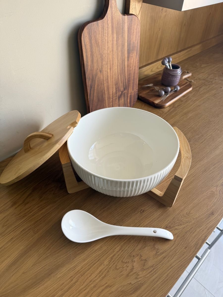 23 Ceramic Bowl with Lid, Wooden Base, and Spoon - Image 1