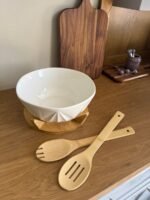 Ceramic Serving Bowl with Wooden Base & Bamboo Utensils