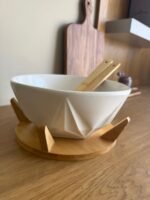 Ceramic Serving Bowl with Wooden Base & Bamboo Utensils - Image 5