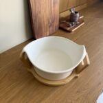 Ceramic Serving Bowl with Wooden Base and Handles