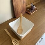 Square Ceramic Serving Bowl with Wooden Base & Bamboo Utensils