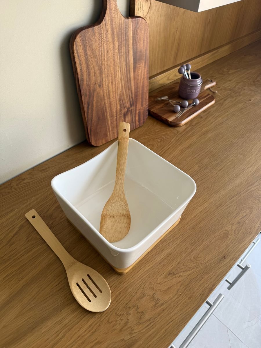 34 Square Ceramic Serving Bowl with Wooden Base & Bamboo Utensils - Image 1