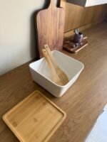 Square Ceramic Serving Bowl with Wooden Base & Bamboo Utensils - Image 2