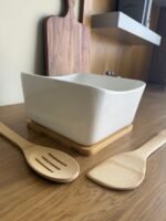 Square Ceramic Serving Bowl with Wooden Base & Bamboo Utensils - Image 3