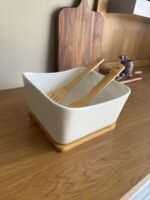 Square Ceramic Serving Bowl with Wooden Base & Bamboo Utensils - Image 4