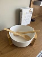 Ceramic Serving Bowl with Lid and Wooden Base