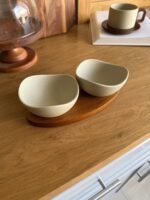 2-Piece Ceramic Serving Bowl Set with Wooden Tray