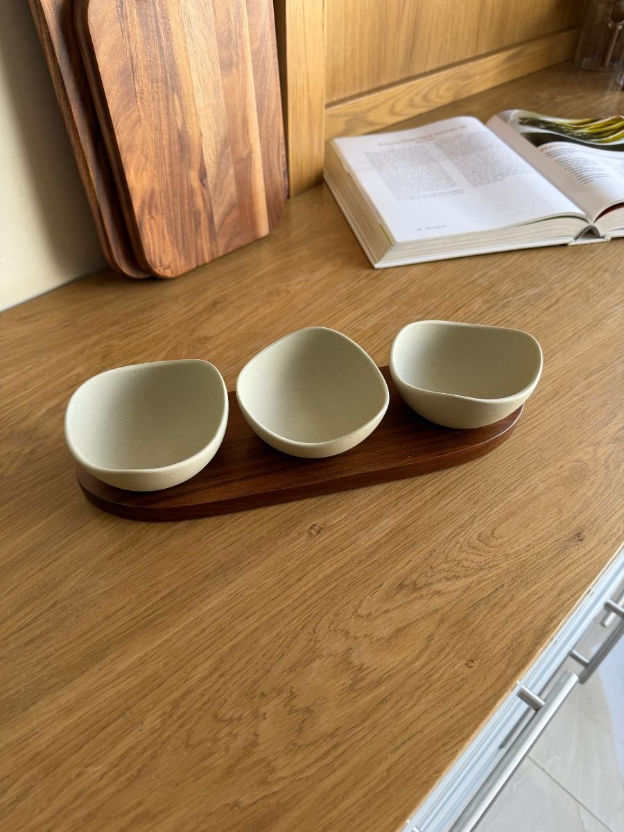 56 3-Piece Ceramic Serving Bowl Set with Wooden Tray - Image 1